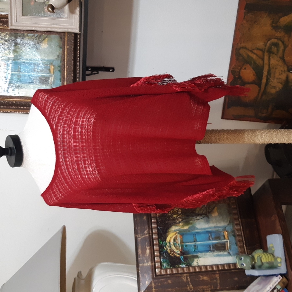 Womens Red Throw Sz Medium Over Knit fringe Poncho Shawl  OLSENBOYE